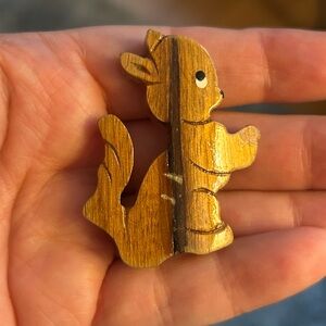 1940’s Vintage Kitchy Hand Carved Wooden Squirrel Brooch Pin